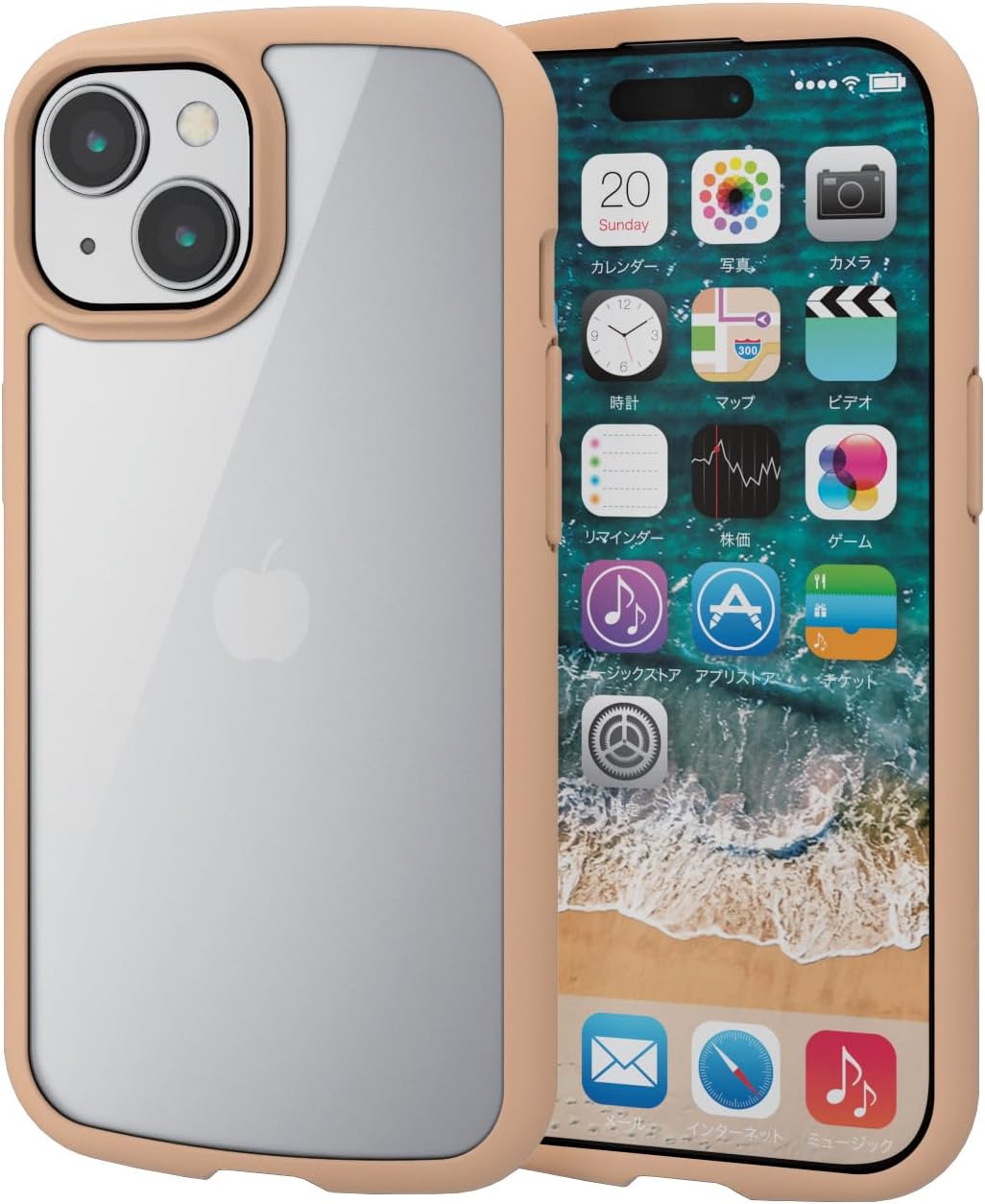 エレコム iPhone15 ケース TOUGH SLIM LITE 背面ガラス 耐衝撃 衝撃吸収 薄型 軽量 ストラップシート付き ストラップホール付き [全周配置のエアークッションが衝撃を吸収] カフェオレ PM-A23ATSLFCGBE