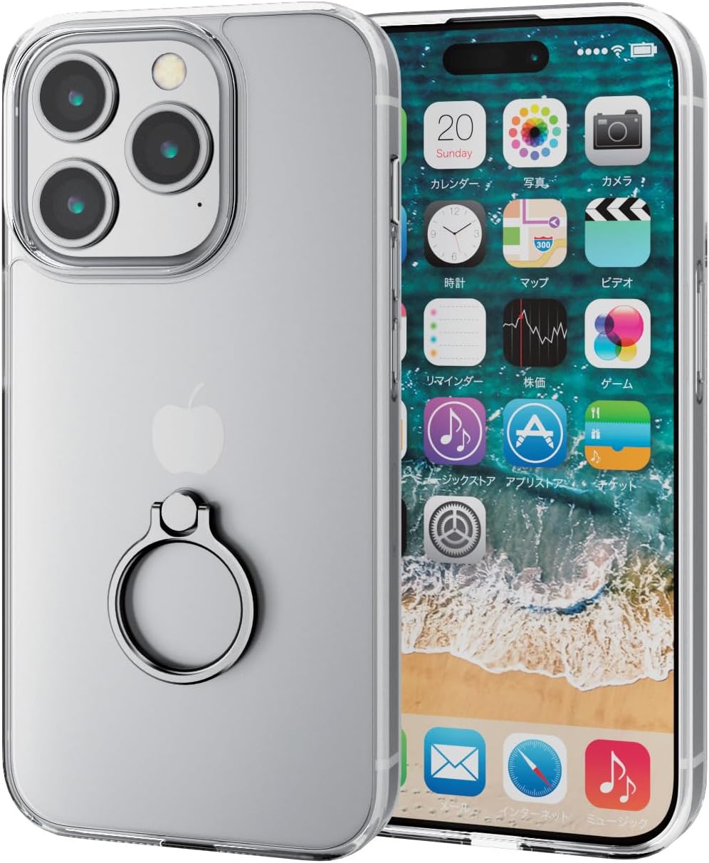 Rakuten - エレコム iPhone15 Pro ケース リング付き 落下防止 耐衝撃 衝撃吸収 ハイブリッド素材 四つ角エアークッション ストラップホール付き シルバー PM-A23CHVCKRSV