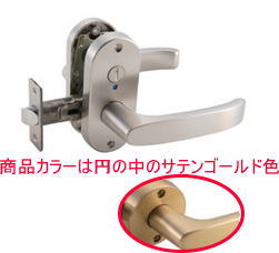 マツ六 MJ24レバー 表示錠 トイレ錠 サテンゴールド バックセット：50mm 扉厚：29〜45mm [ ドア レバーハンドル ドアノブ トイレ 交換 室内 通路 廊下 住宅建材 取っ手 鍵付き 花・ガーデン・DIY DIY・工具 金物 ]