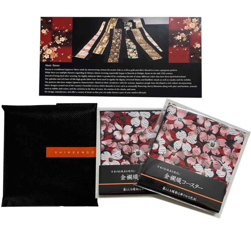 プレゼントにそのまま渡せる ギフト用不織布袋入り 英語商品紹介書付 和風 金襴織着物コースター 2枚セット