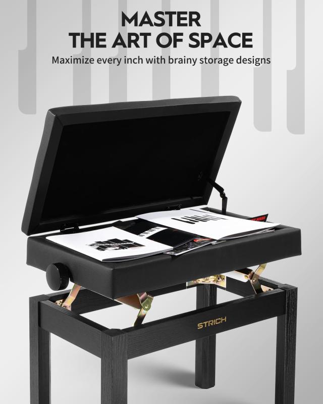 STRICH ピアノ椅子 キーボードベンチ ピアノチェア 高さ調整可能 楽譜収納付き 安定感 座り心地よい 頑丈 滑り止め 180kg耐荷重 ブラック SPB-20