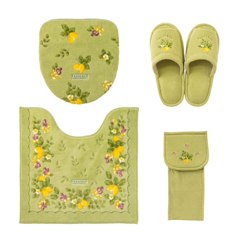 オカ(OKA) プロヴァンスシエル レギュラーサイズ トイレマット 4点セット (トイレマット +フタカバー+ホルダーカーバー+スリッパ) グリーン (4点セット 北欧 洗える 滑り止め 洗浄 暖房 O型 U型セット内容1：トイレマット 約58cm×60cm(マットの高さ 約8mm) 首下 約43cm<br>(アクリル100％（吸水加工/防菌防臭）、裏面滑り止め加工)セット内容2：トイレフタカバー ドレニモタイプ（洗浄・暖房・U型・O型兼用）（アクリル100％（吸水加工/防菌防臭）、吸着シート：アクリル樹脂）セット内容3：トイレットペーパーホルダーカバー（綿75％・ポリステル25％、成型部品 ポリプロピレン）セット内容4：洗えるスリッパ（足のサイズ 約25cmまで）（綿75％・ポリステル25％、裏面 塩化ビニル）製造国：トイレマット・フタカバー：日本製、ホルダーカバー・スリッパ　中国製
