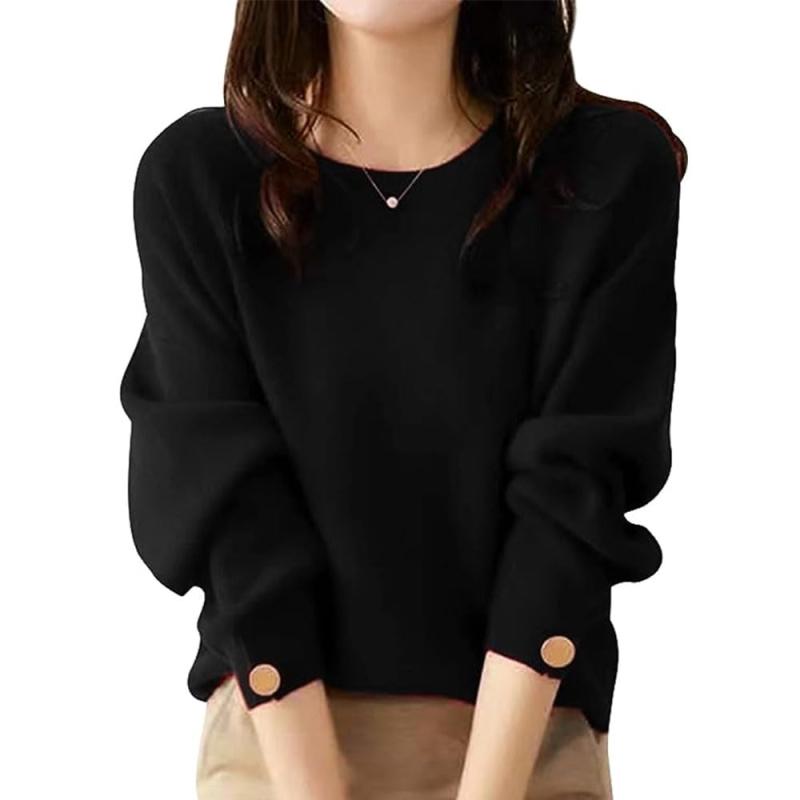 LIYURLTA ニット セーター レディース 長袖 袖ボタン プルオーバー 柔らか 無地 着痩せ シンプル おしゃれ 上品 春 秋 冬 LIY53