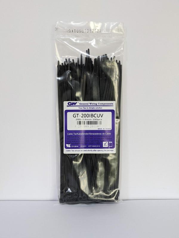 GW 結束バンド ケーブルタイ 幅3.6mm 長さ202mm 耐候・屋内外用 ブラック 100本入り GT-200IBCUV