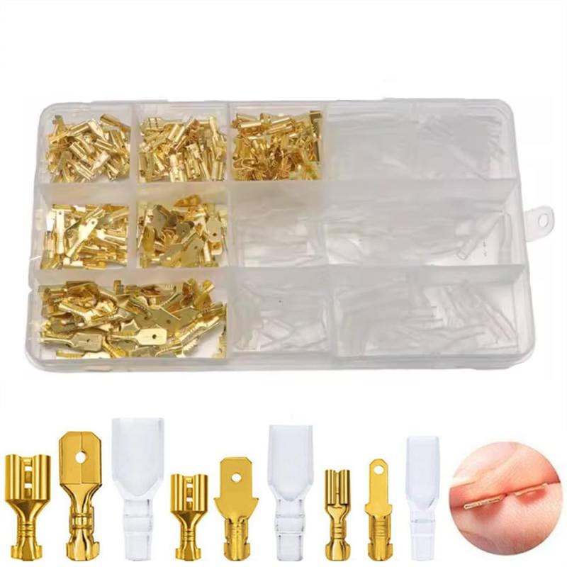 WFGKPXC 平型端子セット 圧着端子 315個セット 汎用 防水 平型端子収納ケース付き絶縁スリーブ 金色のオス/メス セット コネクター 自動車 バイク スピーカー 動車カーナビ 修理 加工 収納ケー