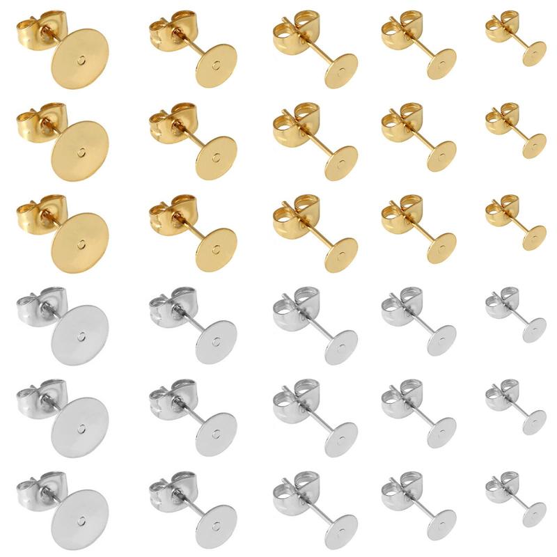 乐天商城 - 200個セット 丸皿 ピアス パーツ ゴールド シルバー 2色100ペア 5サイズ 3mm 4mm 5mm 6mm 8mm 平皿 台座付き キャッチ付きピアス 芯付ピアス金具