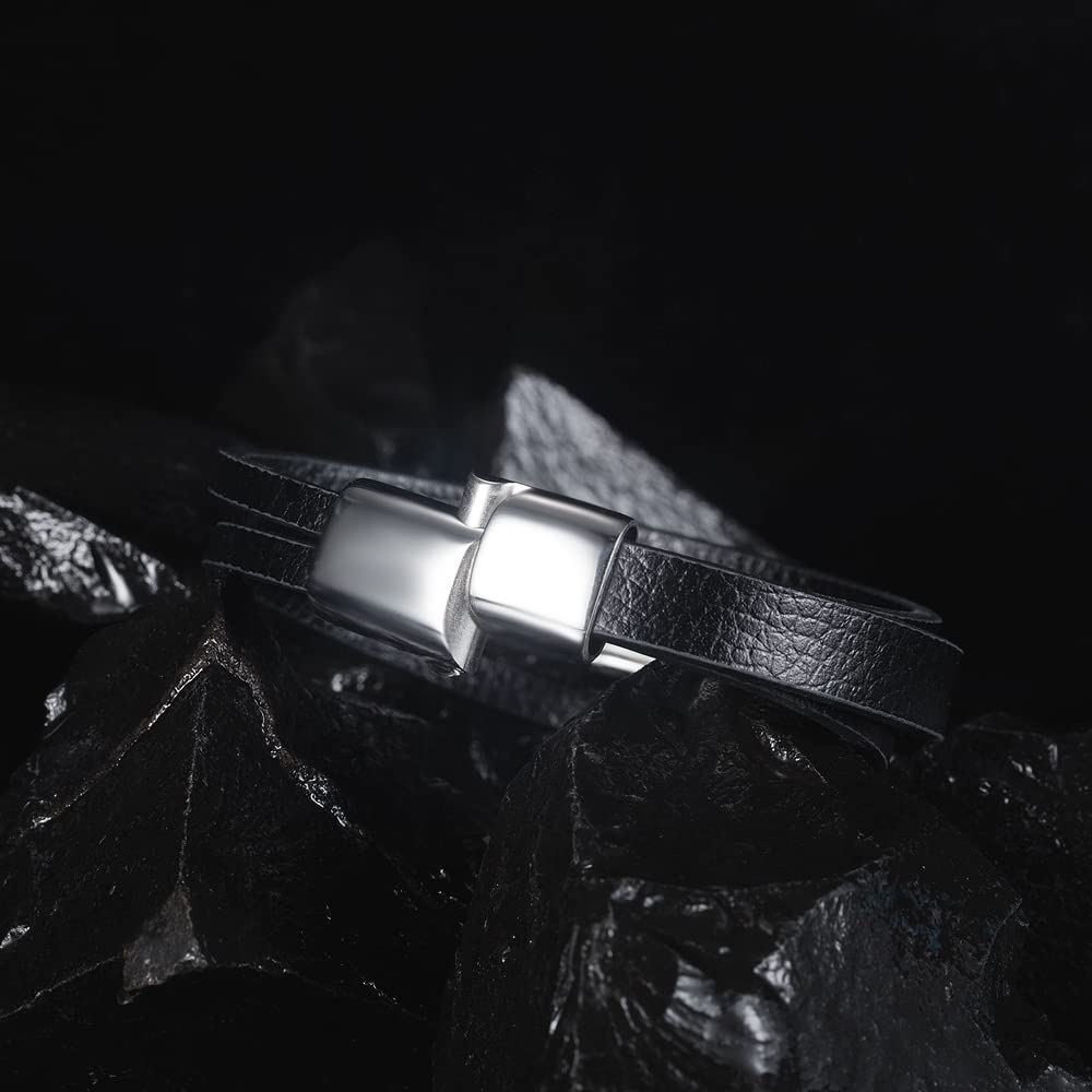  ブレスレット メンズ ステンレス 本革 レザー ブラック 黒 円環 二層 多層 編込み 二連ブレスレット編み込み 本革 かっこいい アクセサリー
