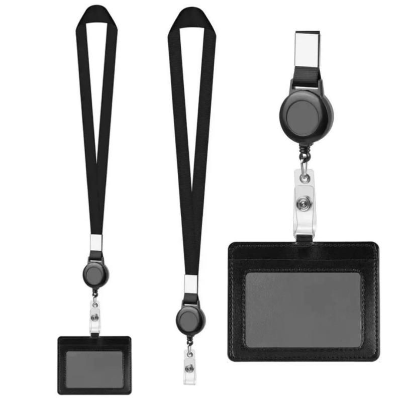 カードホルダー IDカードホルダー 首掛け 社員証ケース 名札ケース PU レザー 伸縮リール式 ネックストラップ 吊り下げ パスケース 定期入れ 名札