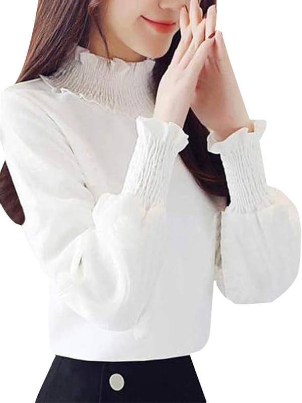 MDMYXJP ブラウス レディース フリル ハイネック 長袖 無地 フォーマル トップス MD370 (XL, ホワイト)