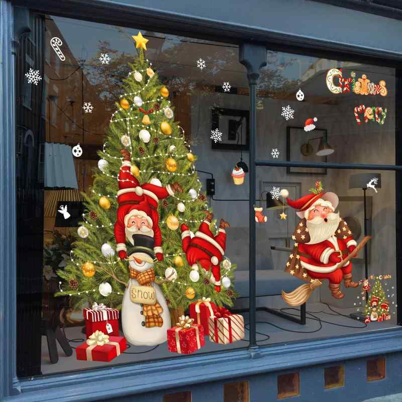 乐天商城 - Hianjoo クリスマス ウィンドウ ステッカー 窓ガラス用シール 窓ステッカー Merry Christmas 装飾 静電気 剥がせる サンタクロースとクリスマスツリー ウィンドウステッカー 窓飾り 大きいサイズ