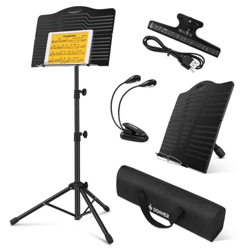 Rakuten - Donner 譜面台 軽量 折りたたみ式 ライト＆収納バッグ＆楽譜クリップ付 42cmから144cmまで高さ調整 楽譜たて 軽量スチール製 スタンド
