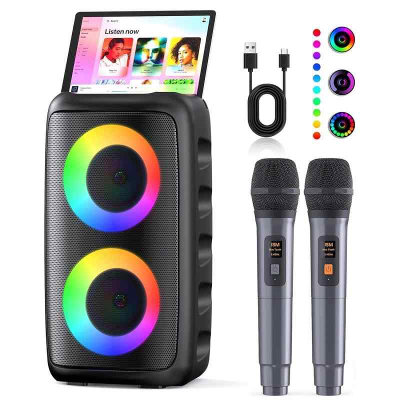 Verkstar カラオケセット 家庭用 拡声器 ワイヤレス マイク2本 Bluetooth 5.3 カラオケ PAセット カラオケ マシン ポータブルスピーカー セットUSB AUX SDカード 対応 ホームパーティー/スピーチ会議