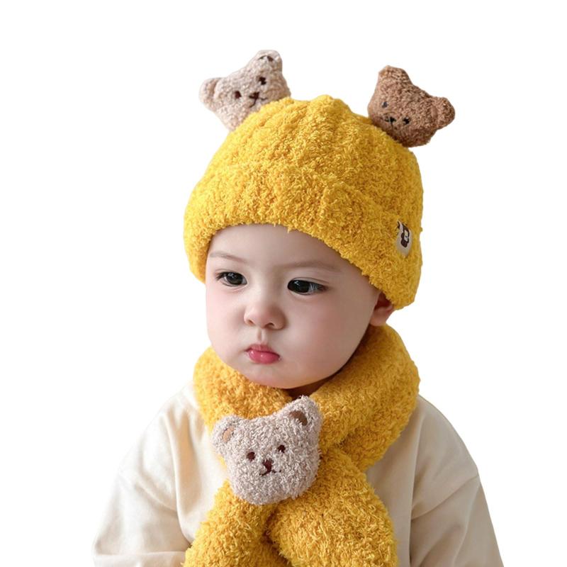 [Tidyworm] ベビー 帽子 マフラー 2点セット 冬 赤ちゃん 帽子 スカーフ ネックウォーマー もこもこ かわいい くま ニット帽 キッズ 子供 帽子 キャップ 女の子 男の子 防風 防寒対策 3ヶ月～3歳