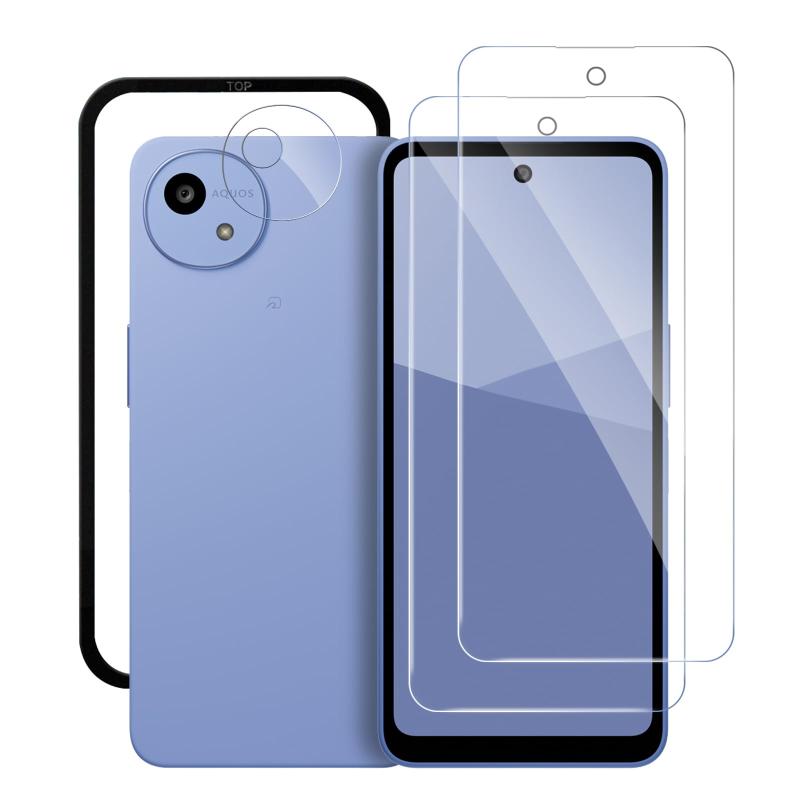 【ガイド枠付き】Aquos wish5（SH-52F） 対応 ガラスフィルム（2枚入り）＋カメラフィルム（1枚入り） 自動吸着・超簡単貼り付け 硬度9H 旭硝子素材製 耐衝撃 キズ防止 飛散防止 高透過率 高