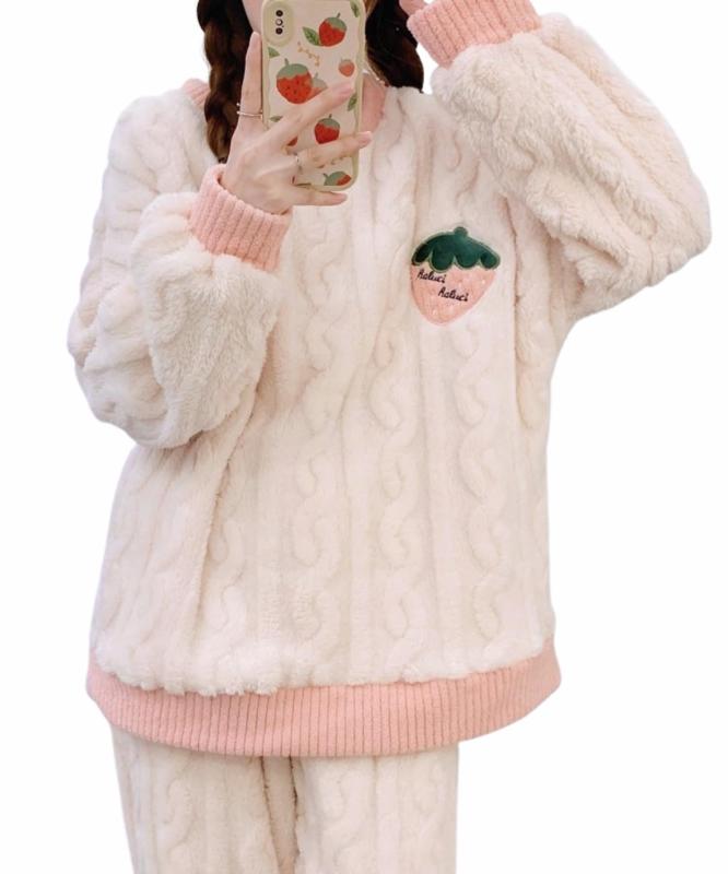 [Sesong] ルームウェア 上下セット 可愛い柄 もこもこ ふわふわ パジャマ レディース 長ズボン 長袖トップス ゆったり あったか フランネル 女性用 ホームウエア 部屋着 室内着 セット 大人 防