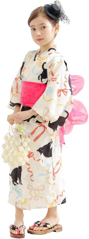 [Bee] ビー 浴衣3点セット キッズ ガールズ 女の子 夏 簡単 セパレートタイプ 2WAY お祭り 花火大会 saa01400 140cm アイボリー×猫リボン