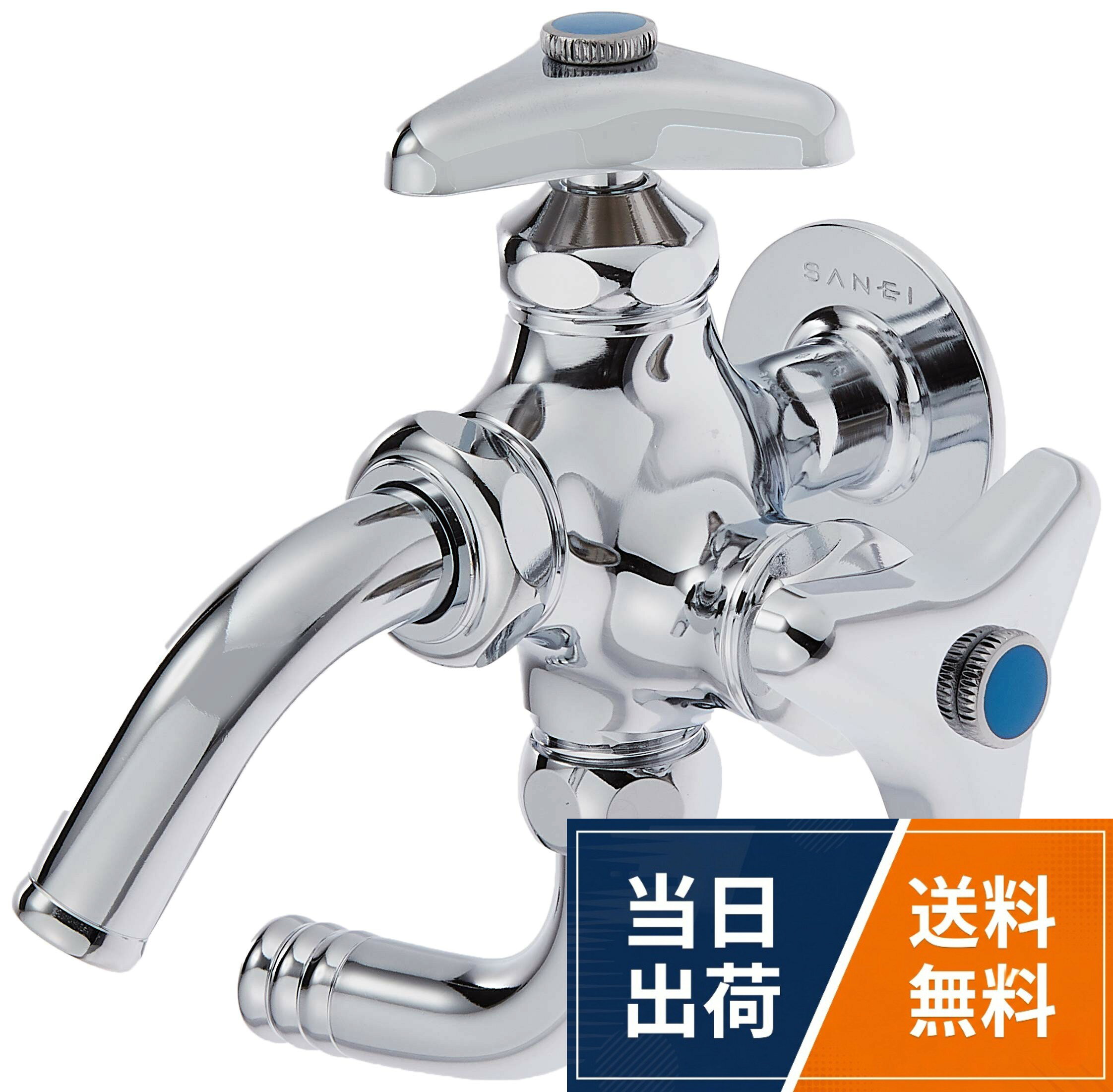ホースをつなぎっぱなしでも手洗いやバケツ等への水ためができる便利な二口タイプ。。上ハンドルで吐水口部分、横ハンドルでホース接続部に吐水します。。原産国;日本。材質:青銅SANEI(サンエイ) 散水用 万能二口横水栓 呼び13 散水ホース接続 吐水パイプ回転 水道 蛇口 二股 二口水栓 JF12A-13 / 現代的