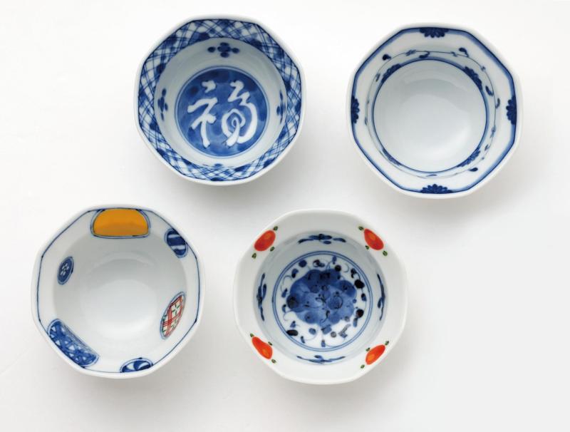 西海陶器(Saikaitoki) 小鉢 器 食器 お正月 セット 染錦 絵変わり八角 小付鉢 （4柄組)