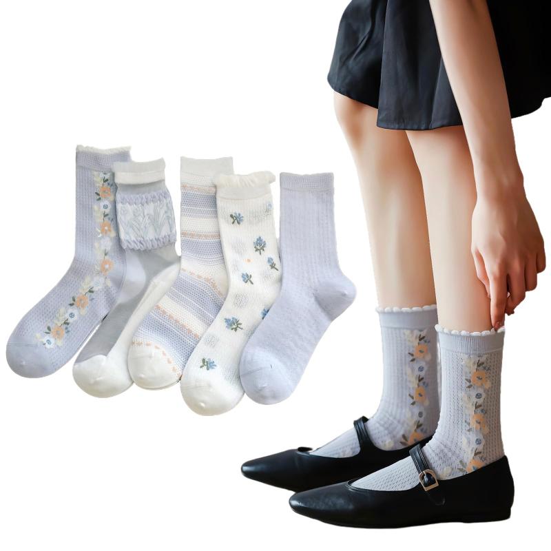 [DAMILY] 靴下 レディース 夏 かわいいソックス 花柄 シースルー靴下 フリル レースソックス 女性用 透明 くつした レディース 通気 涼しい 蒸れない 締め付けず 婦人用 くつ下 薄手 5足セッ