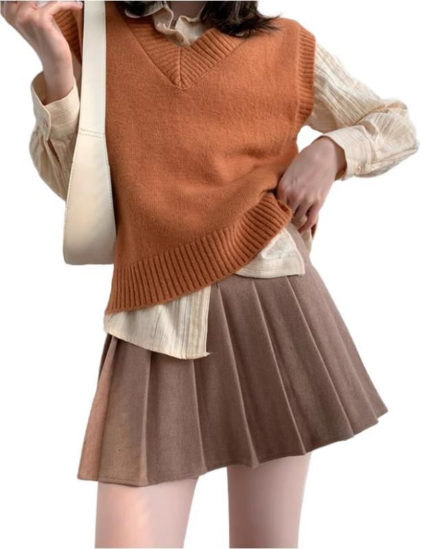 [Sharphon] ツイード 大きいサイズ プリーツスカート 秋 冬 厚手 裏地付き 38/42CM ミニ 制服 スカート インナー付き ひざ丈 無地 通学 ハイウェスト コスチューム セーラー服