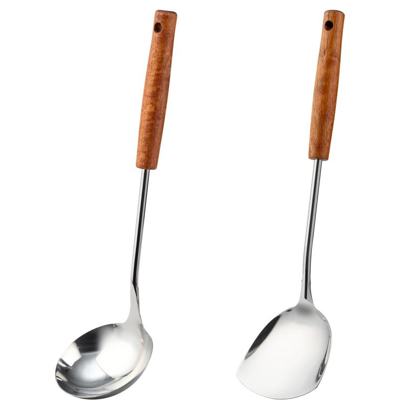 FJNATINH お玉 304ステンレス製中華鍋用ヘラ 中華鍋用具,赤い胡桃の木