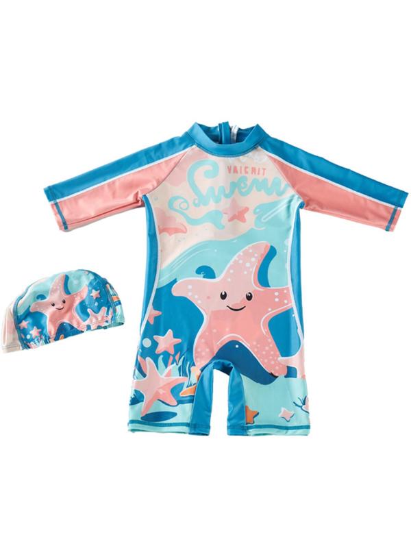 [Lhyxuuk] 子供 水着 男の子 ボーイズ 女の子 水着 ラッシュガード ヒトデ柄 ひとで 伸縮性 キャップ付き ロンパース 水着 UVカット 紫外線対策 ロンパーススイムウェア 水泳 海水浴 海辺 温泉