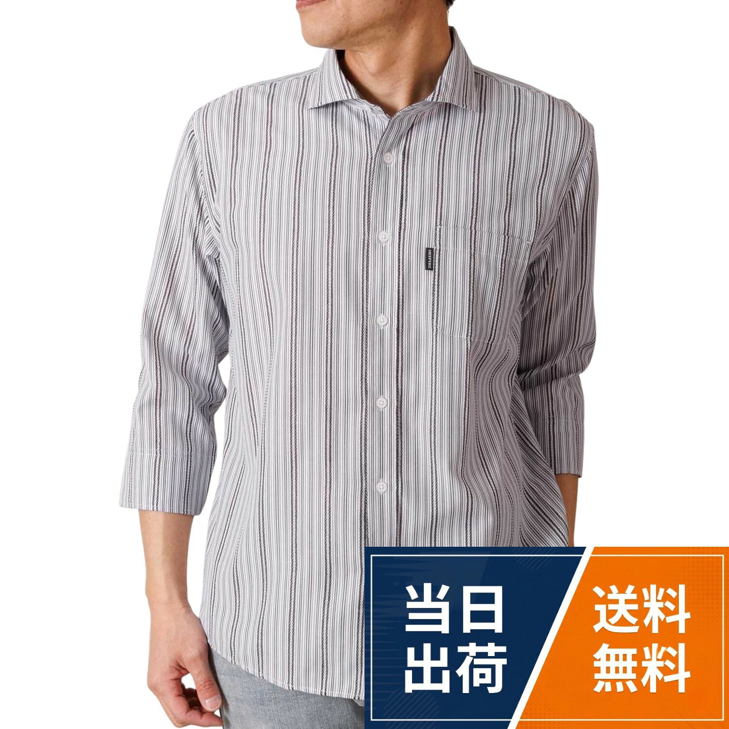 【SIZE】サイズ展開：M・L・LL　 全国240店舗のINSPIREショップでも販売しており、オンラインと実店舗の両方で安心してお求めいただけます。。【商品説明】涼しげなカラミ織り素材を使用した、夏に快適な7分袖シャツです。通気性の良いカラミ組織が風を通し、蒸し暑い季節でもサラッと爽やかな着心地をキープ。吸汗速乾機能「クイックドライ」付きで、汗ばむ季節も快適に過ごせます。さらに、シワになりにくいイージーケア加工を施しているため、お手入れも簡単。。【こんなシーンにおすすめ】カジュアル、旅行、ビジカジ、父の日、ギフト、プレゼント、贈り物、お祝い、誕生日。【製造ラボ】1952年創業、日本発の総合カジュアルメーカー。70年以上にわたり、国内外のブランド――ハイブランドを含む幅広い取引先――への供給実績をグループで重ねてきました。企画から生産・品質管理まで一貫体制で取り組み、品質へのこだわりを活かして、長く愛用いただける服づくりを続けています。。【素材】ポリエステル 87％・綿 13％[INSPIRE] インスパイア メンズ 7分袖 長袖 シャツ 父の日 ストライプ 軽量 通気性 吸汗速乾 クイックドライ イージーケア 春 夏 カジュアル 40代 50代 60代 ギフト プレゼント HYM-21150