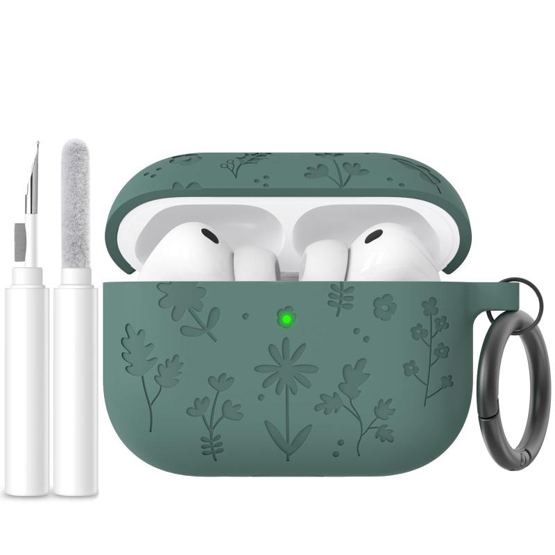 AhaStyle AirPods Pro 3 ケースカバー (2025) 花柄彫刻 可愛いシリコン AirPods Pro 第3世代ケース フルボディ耐衝撃カバー スキン Apple AirPods Pro 第3世代用 クリーニングキット付き 女性向け