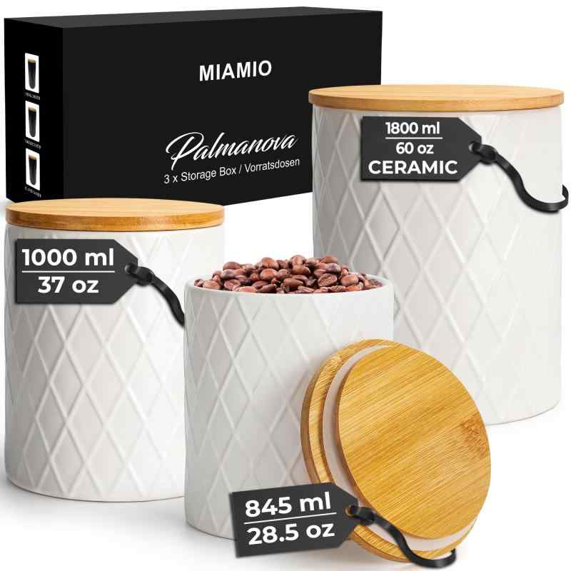 乐天商城 - MIAMIO – 3個セットのキッチンキャニスターセット 木製の密閉蓋付きセラミック製キャニスターで、コーヒー、紅茶、砂糖、小麦粉、塩などに最適