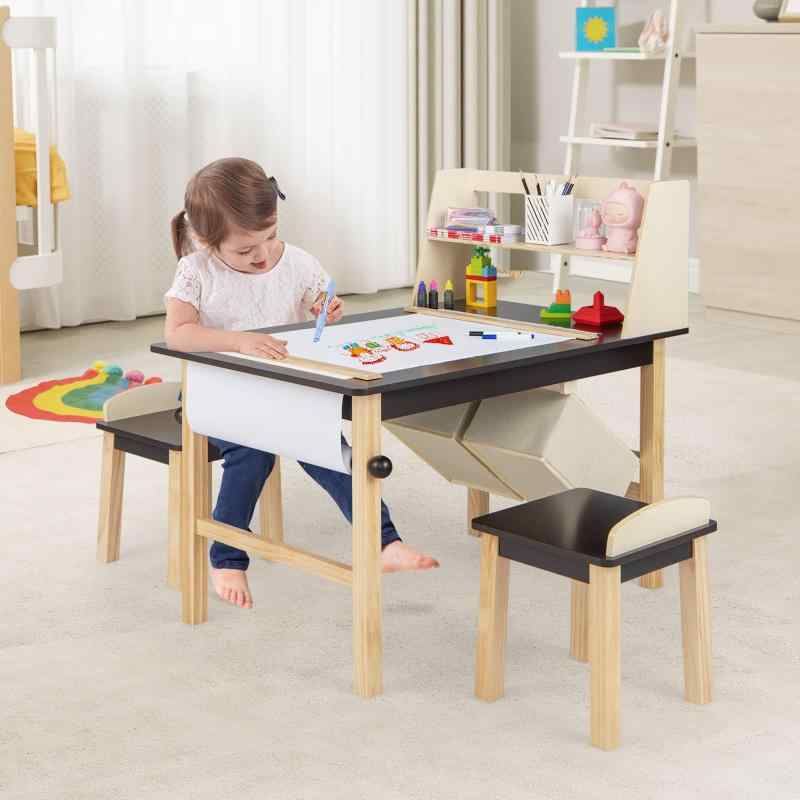 乐天商城 - COSTWAY 子ども用テーブル 椅子 3点セット 収納バスケット付き 直径60cm 子供用テーブルセット 子供テーブル チェア デスク 椅子セット 多機能 学習 絵かき ダイニング 誕生日プレゼント 入園