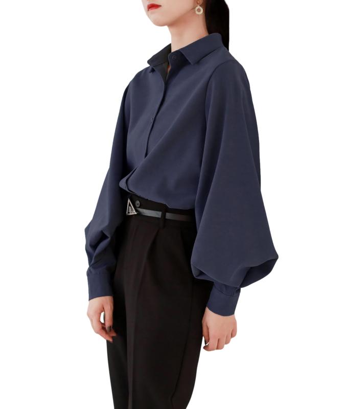 [Hanmall] シャツ レディース パフスリーブ 長袖 レトロ カジュアル 大人可愛い トップス 通勤 フォーマル 白 黒 ダークブルー ベージュ 襟付き シンプル おしゃれ 春 夏 秋