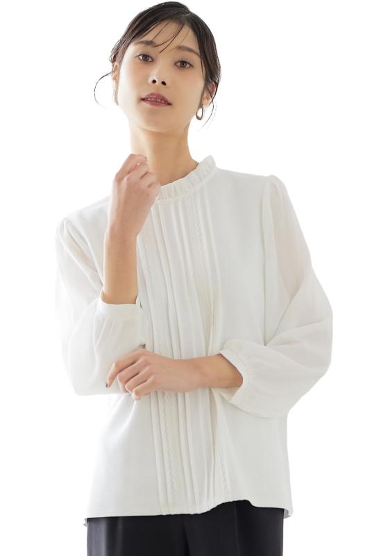 [リリヤーノ] ブラウス レディース 長袖 フリル襟ピンタック レースプルオーバー スーツインナー 通勤 オフィス フォーマル きれいめ カジュアル トップス