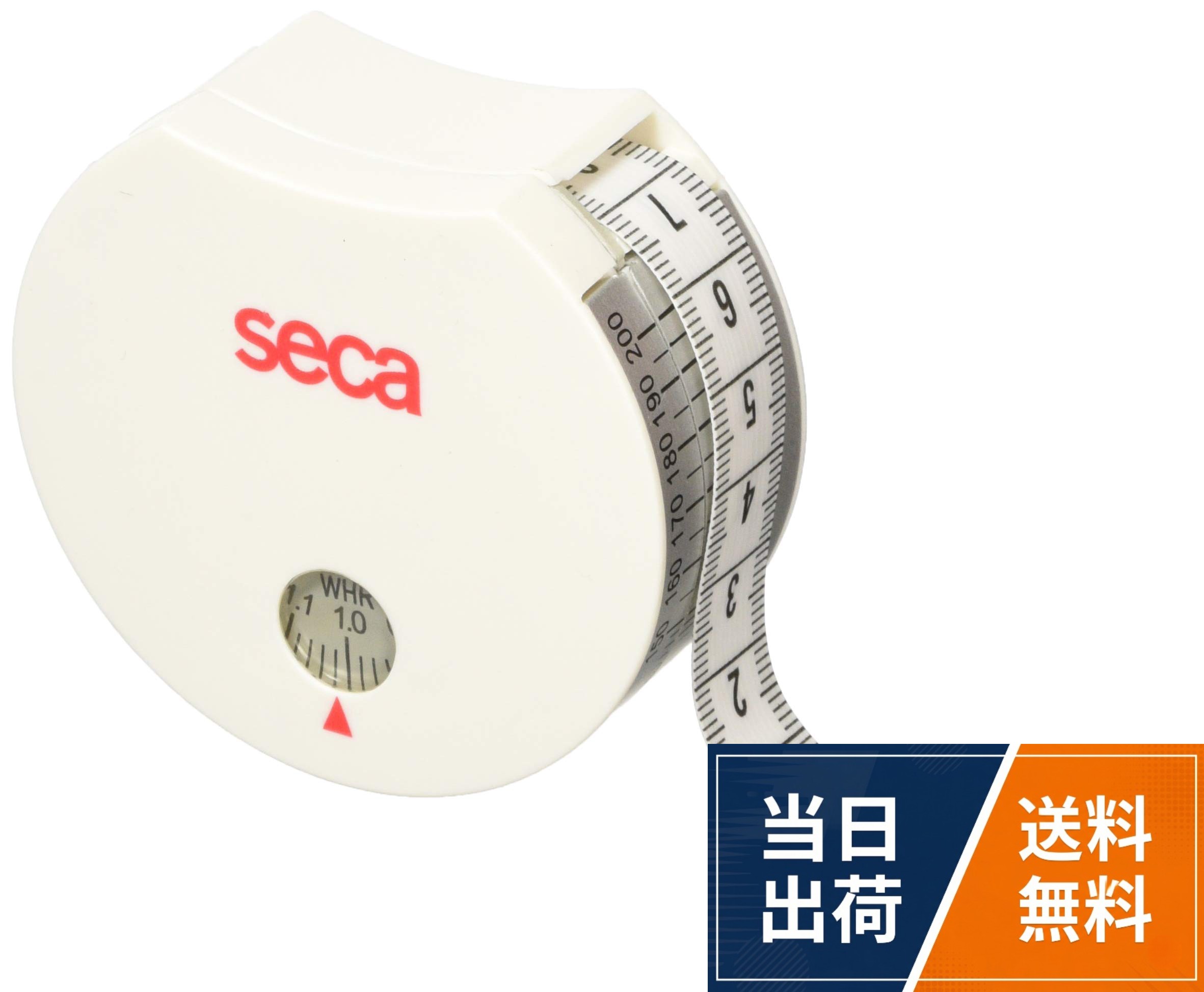 最小目盛：1mm。測定範囲（mm）：0～2050。ケースサイズ：φ70×28mm。重量：70g。材質：ABS樹脂、メジャー部／合成テフロン（フッ素樹脂）。WHO（世界保健機関）で推奨されている肥満度判定数値のウエスト・ヒップ比を簡単に測定することができます。りんご型肥満・洋ナシ型肥満の区別を簡単につけることができますseca ウエスト・ヒップ比計測用周囲測定テープ seca203 / 長さ2.1 m