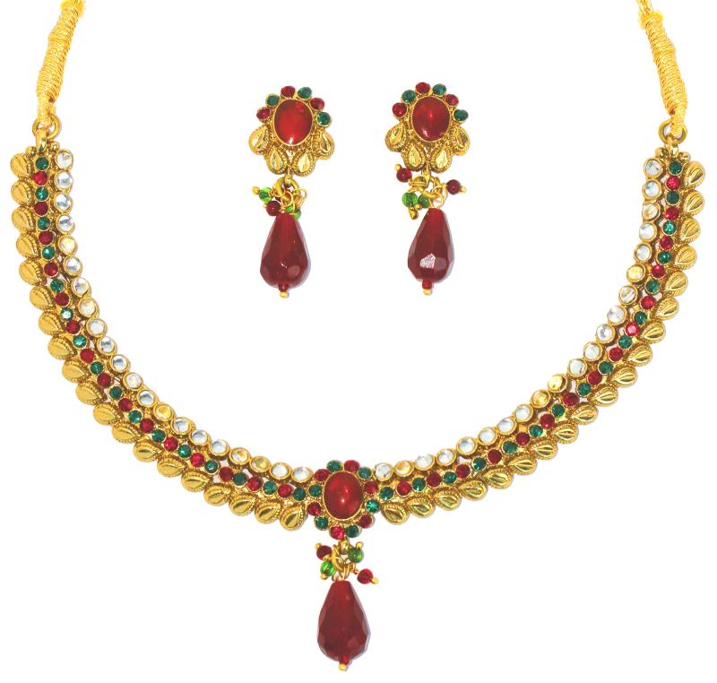 Touchstone Indian BollywoodフローラルテーマFaux Ruby Emerald Kundan Lookネックレスセットアンティークゴールドトーン