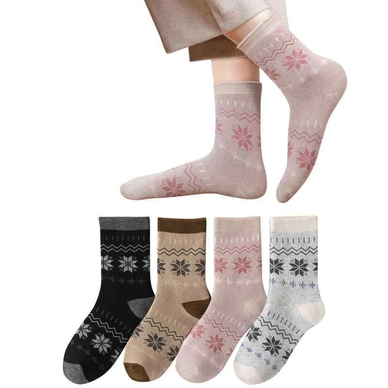[Yazon] 靴下 レディース 冬 暖かいソックス 厚手 防寒 綿ウールソックス 女性用 くつした 保温 ゆったり 裏起毛 足冷え靴下 婦人 秋冬用 室内 スポーツ 雪柄くつ下 22-25cm 4足セット （クリスマ