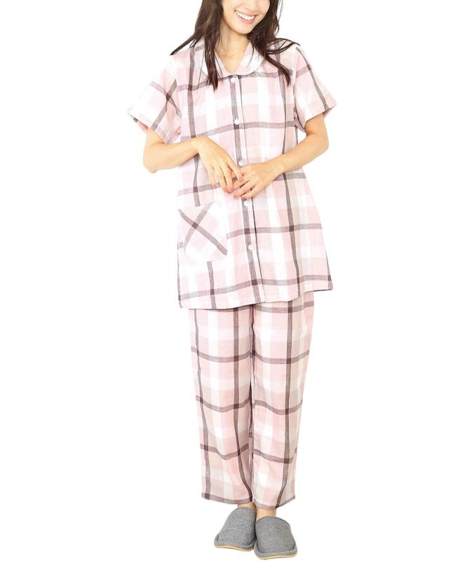 乐天商城 - [ON NISHIKI] パジャマ レディース 夏 半袖 綿100％ 高級糸コーマ糸使用 ダブルガーゼ 二重ガーゼ 肌に優しい 前開き 上下セット 長ズボン ルームウェア 部屋着