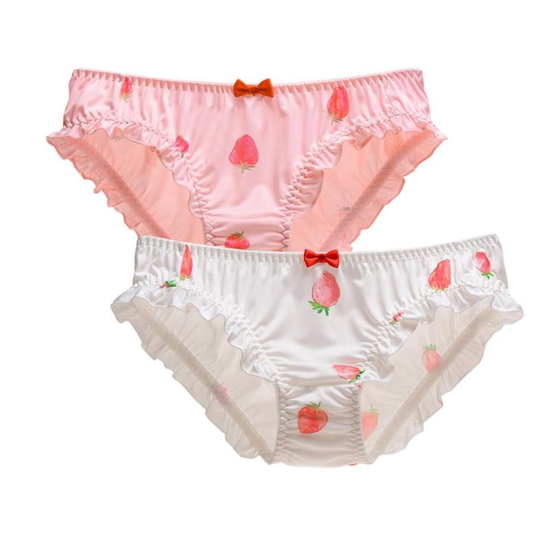 [LIUXU] レディース ショーツ サテン女性のパンティー 苺 プリント いちご パンツ レギュラーショーツ大きいサイズ シームレス下着セット かわいい パンティー 2枚