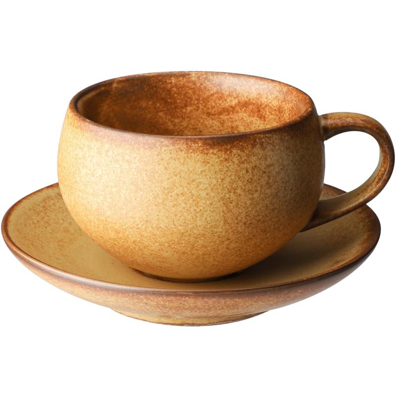 コーヒーカップ&ソーサーセット 200ml セラミック製ティーカップ エスプレッソカップ 食器 耐熱 保温 イエローブラウン プレゼント (イエローブラウン, 小)