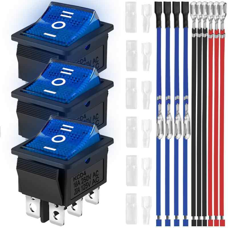 MKBKLLJY 4PCS ロッカー トグル スイッチ AC 16A 250V/20A 125V DPDT 6 ピン 3 ポジション ON/OFF 4 色 LED ライト イルミネーション ボート KCD4 スナップイン スクエア スイッチ 16 PCS
