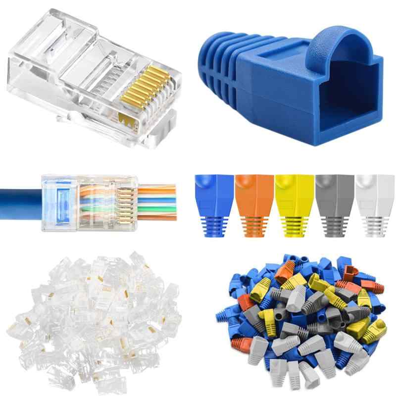 樂天商城 - Xiatiaosann RJ45 LAN Cat6 コネクタ、イーサネット LANケーブル 8P8C UTP ネットワーク プラグ RJ45 ケーブル用、透明 RJ45 クリンプ オス、RJ45スタルヘッド、5色、50本セット