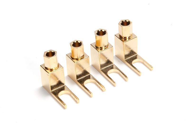 【Yラグ端子 ／ 4本 or 8本 1組】 L型 ソルダーレス (無ハンダ) バナナプラグをスペードプラグ(Yラグ) L型に変換 金メッキ ケーブル差込口径4mm 【バナナプラグレボリューション】無ハンダ／ネジ方式Yラグ端子 4個1組全長2.2cm　　・ケーブル差込口径4mm　　・金メッキ処理 重量：10g（1個当たり）バナナプラグをスペードプラグ(Yラグ) L型に変換Yの幅：5mm初期不良など迅速かつ誠実に/返金/交換等対応しております。 商品に問題が御座いましたら、遠慮なくご連絡ください。WYVERN TRADING自社ブランド商品です。他業者の方の出品はご遠慮ください。