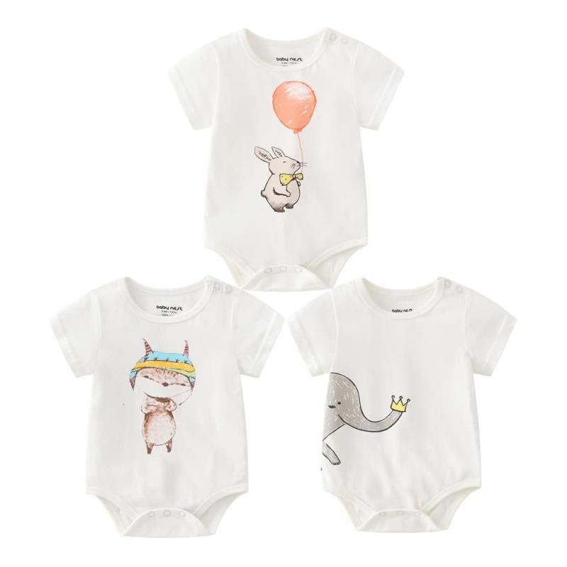 Rakuten - Baby nest 夏 ベビー服 半袖ボディースーツ ロンパース 3枚セット 女の子 男の子 肩ボタン アニマル コットン100%