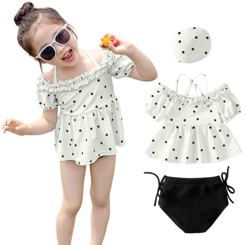 [Harsever] キッズ 水着 女の子 セパレート スイムキャップ 3点セット オフショルダートップス 半袖 ショーツ 肩ひも調節 アジャスター ハート柄 ドット柄 UVカット 速乾 プール ビーチ用