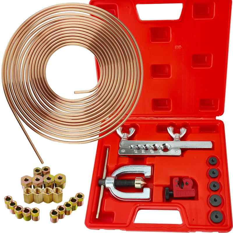 AeKeatDa 銅コーティング ブレーキラインチューブキット 25フィート 3/16インチ 銅メッキ ブレーキラインチューブキット 16個のフィッティングと4個のユニオンを含み、シングルおよびダブルフ