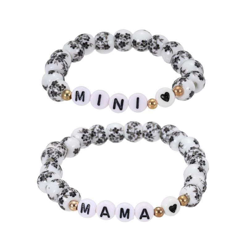  母と娘用 ビーズ付きボウ装飾 ブレスレットセット（2個入り MAMA＆MINI 収納袋付き） 母娘ギフト 黒/黒ハート