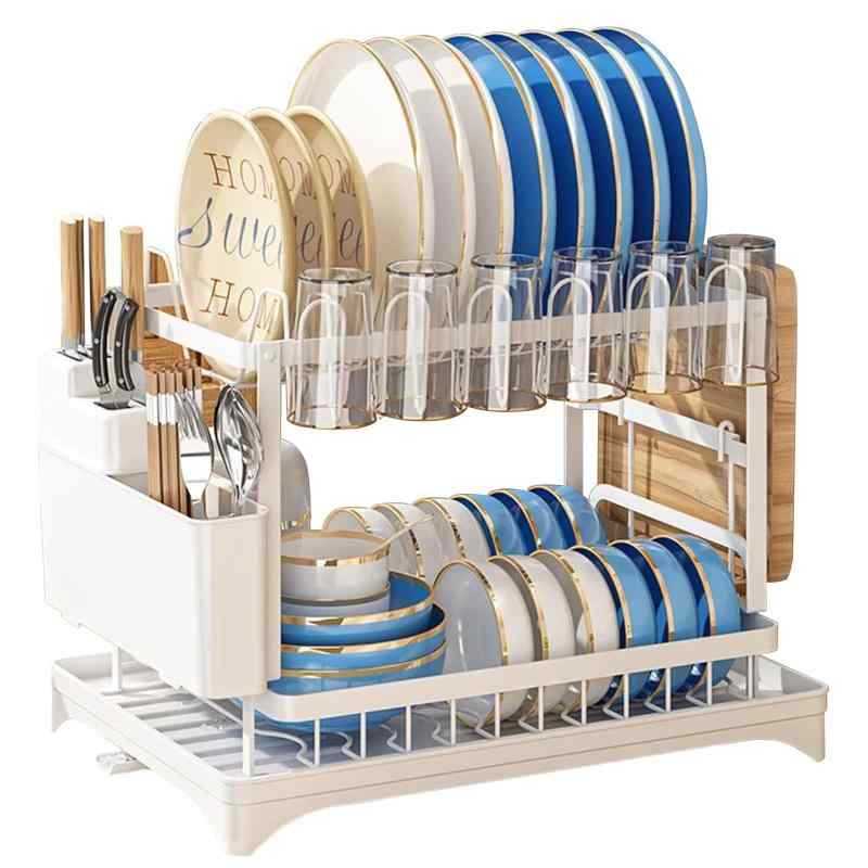 Lapluied 食器水切りラック 2段式 大容量 自動排水 キッチン収納 乾燥ラック 伸縮式 組立簡単 省スペース 包丁スタンド 箸立て (黒い)