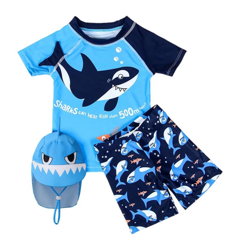 [Moerstar] 男の子 水着 子供 ベビー 赤ちゃん 水着 3点セット ラッシュガード UVカット セパレート スイムウェア トップス パンツ キャップ サメ柄 シャーク