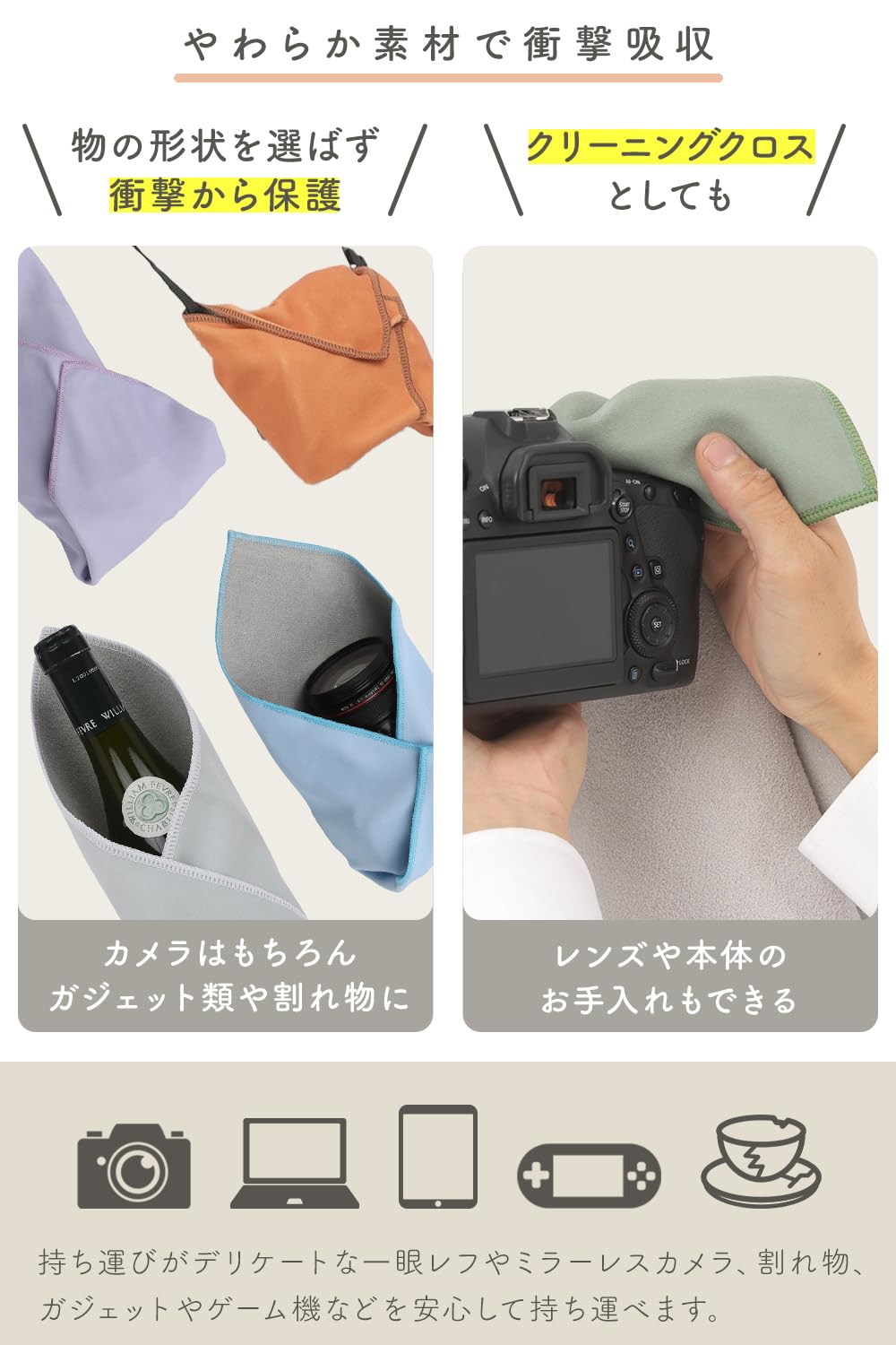 【送料無料】【大切なモノを簡単保護】 カメラ用 重ねるとくっつく 保護クロス 包むだけ 衝撃 キズ防止 ガジェット PC タブレット レンズ用 柔らか クリーニング 自己粘着式 持ち運び selectable-10236696 selectable サンプル画像3