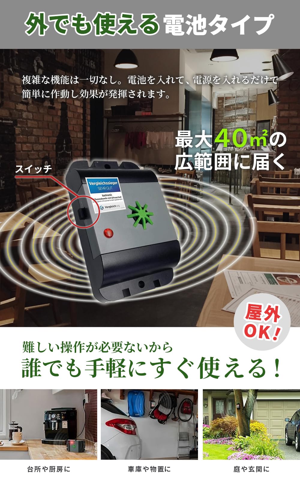 selectableの【送料無料】ISOTRONIC 超音波 ねずみよけ 電池式 防水 携帯型 ネズミ対策 室内 車 倉庫用 70632｜アングル3