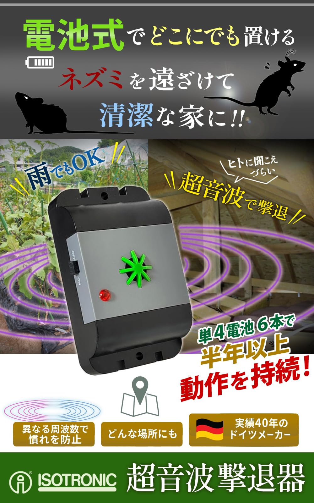selectableの【送料無料】ISOTRONIC 超音波 ねずみよけ 電池式 防水 携帯型 ネズミ対策 室内 車 倉庫用 70632｜アングル2